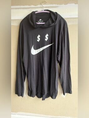 Nike Black Long-Sleeve Tee with White Swoosh and Dollar Signs